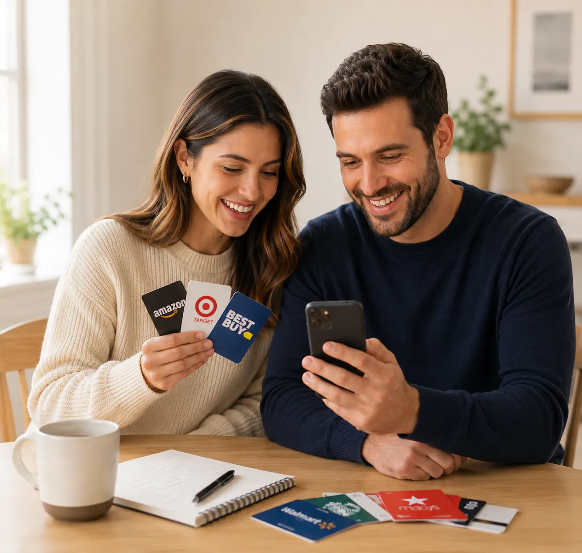 Happy couple selling their gift cards