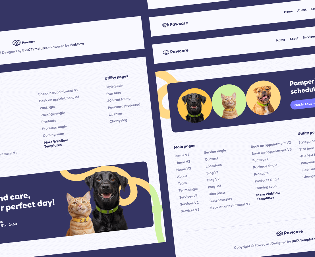 Pawcare 3 Headers And Footers Grooming Webflow Template | BRIX Template
