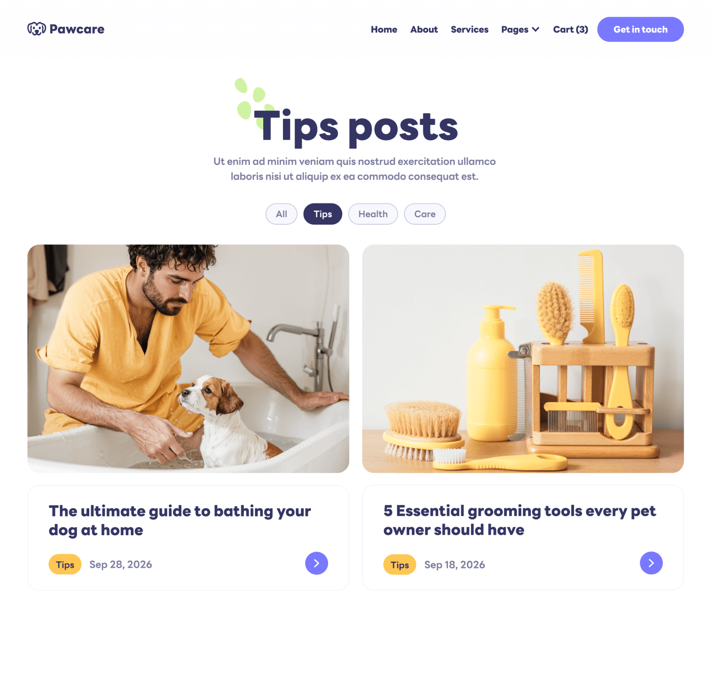 Pawcare Blog Category Main Page Grooming Webflow Template | BRIX Template
