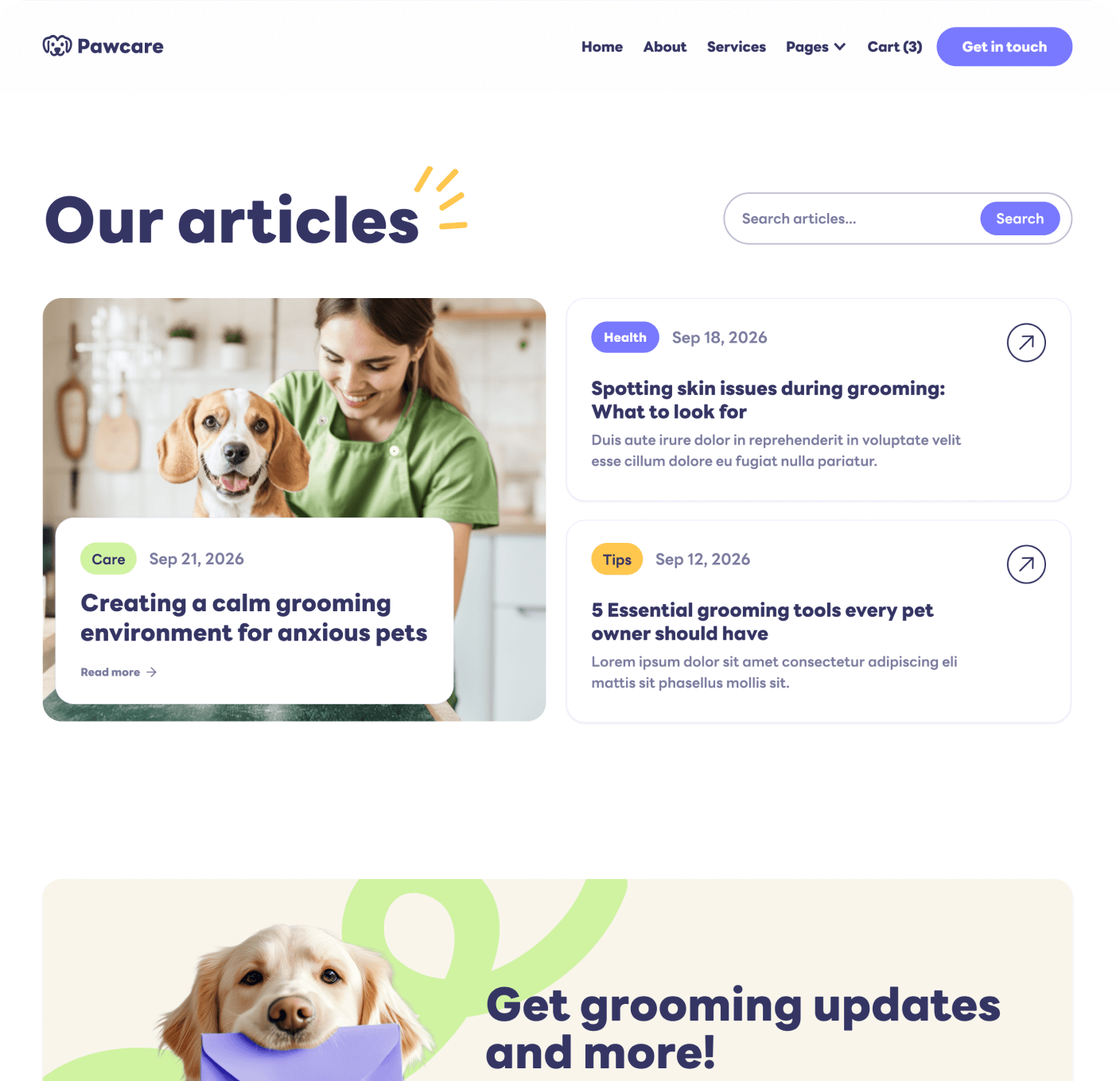 Pawcare Blog V1 Main Page Grooming Webflow Template | BRIX Template
