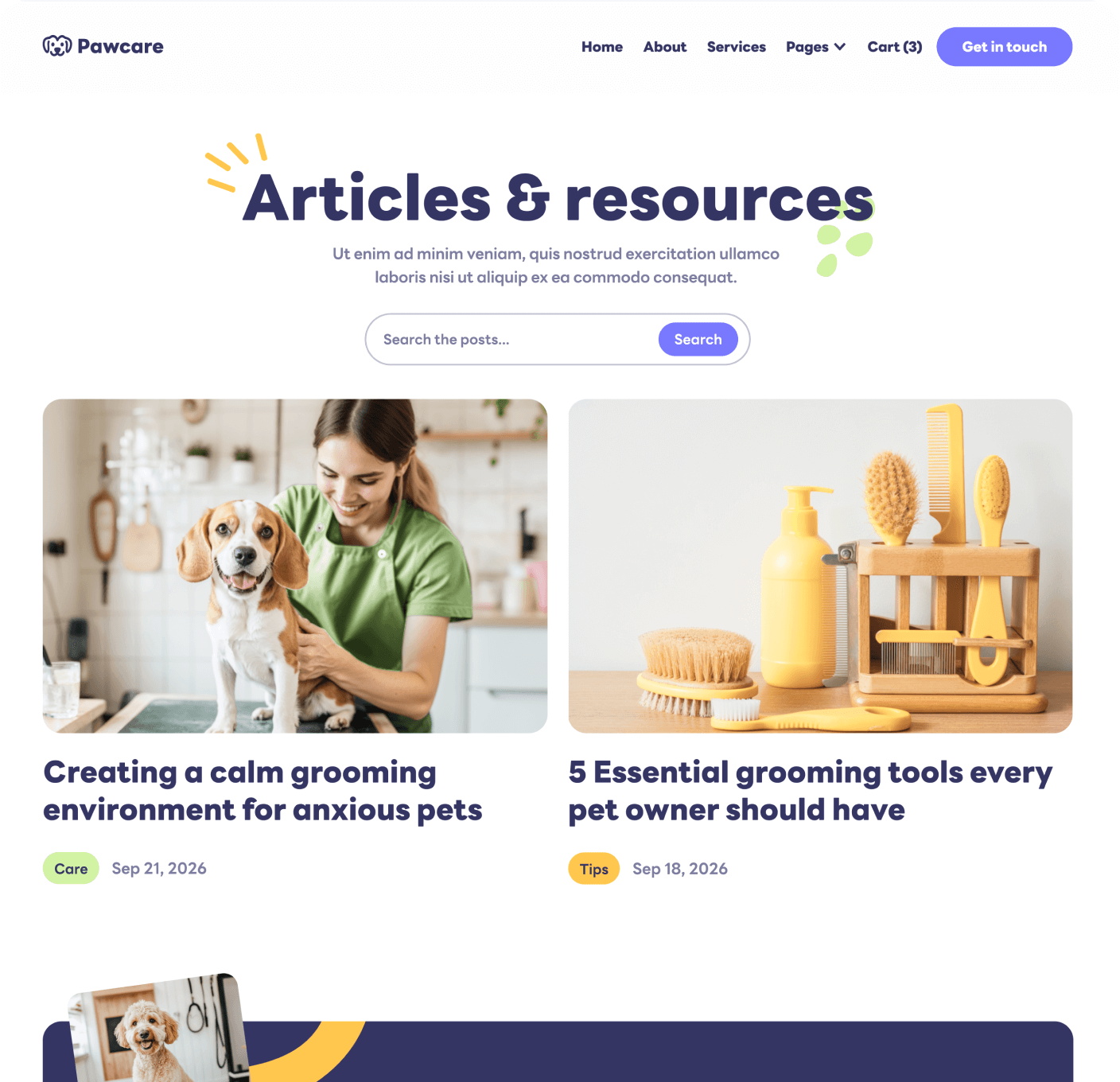 Pawcare Blog V2 Main Page Grooming Webflow Template | BRIX Template
