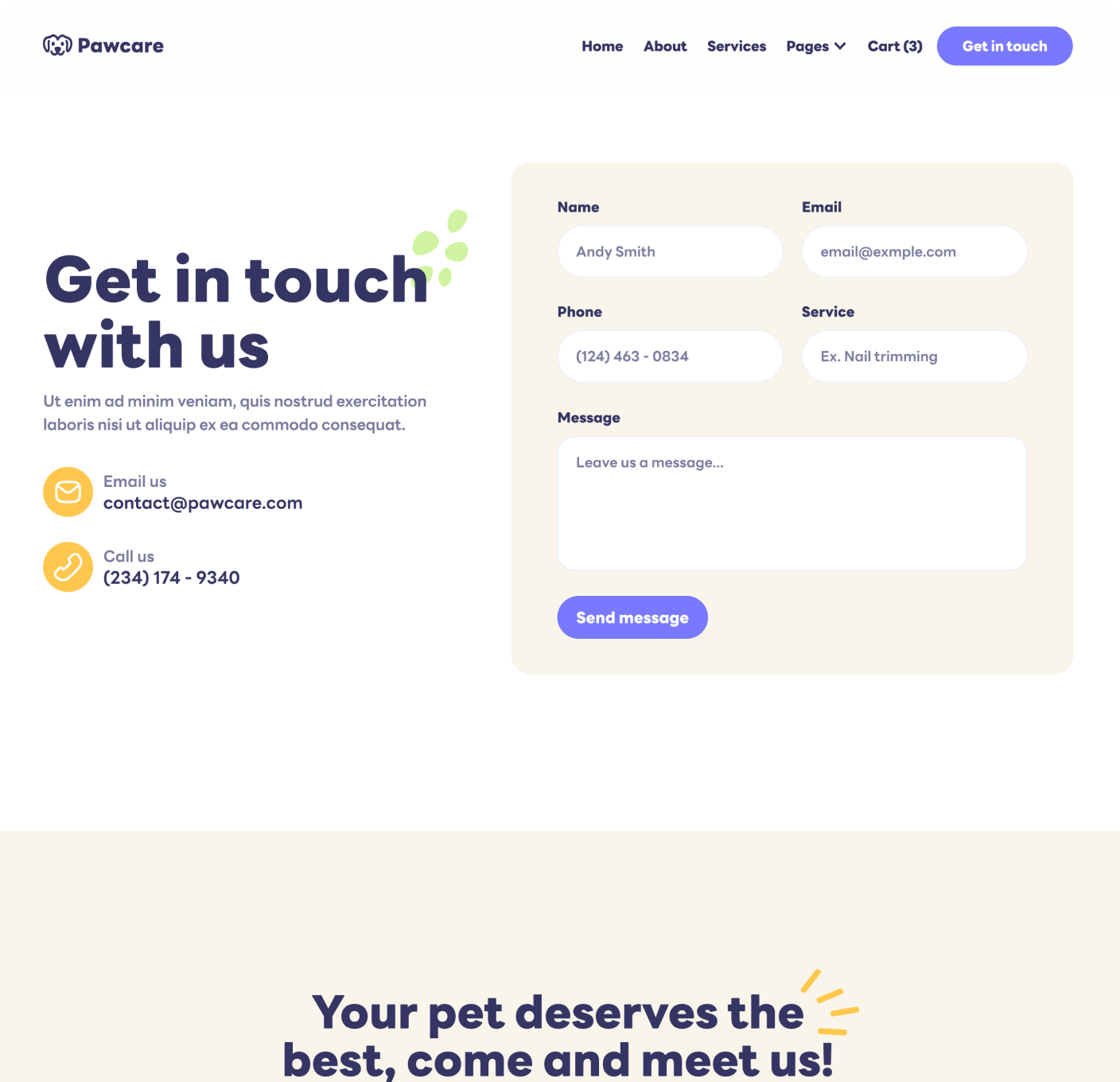 Pawcare Contact Main Page Grooming Webflow Template | BRIX Template
